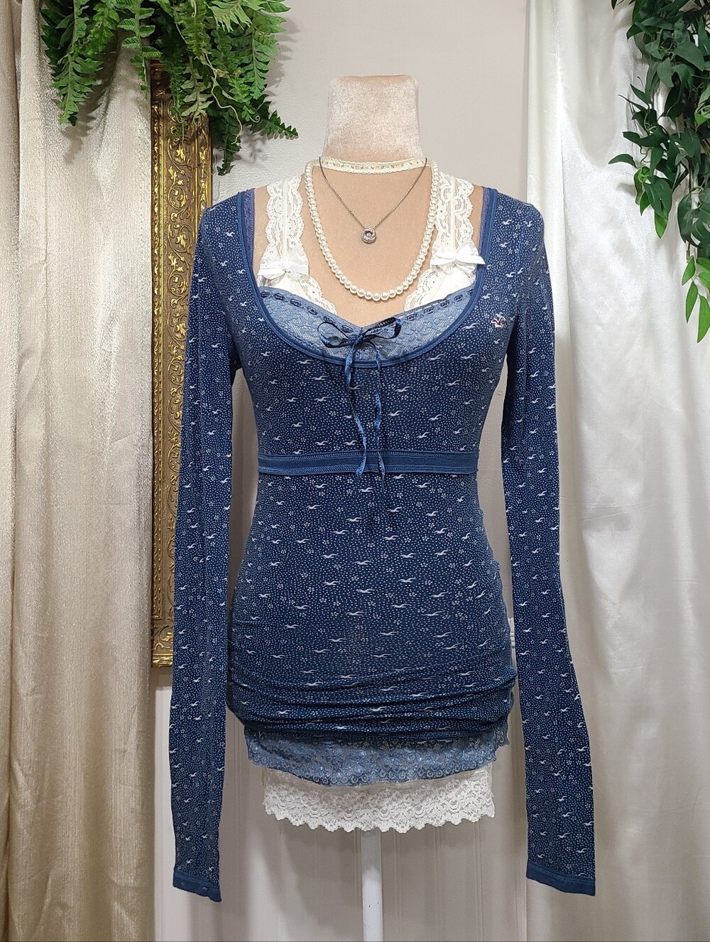 ♡ Y2K ♡ Hollister Vintage Polkadot Logo Babydoll Empire Waist Long Sleeve